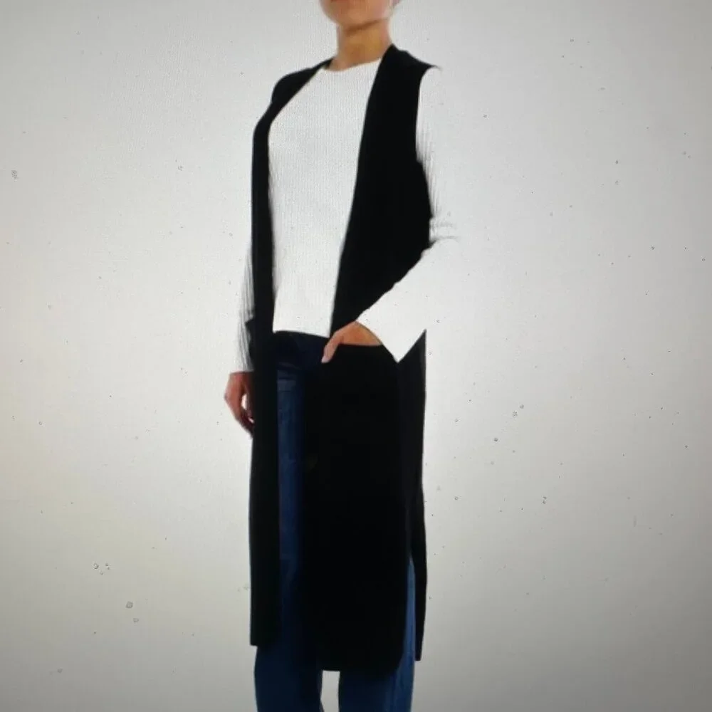 Theory Torina 100% Cashmere Sleeveless Duster Cardigan Vest in Black Women's L - Picture 3 of 5